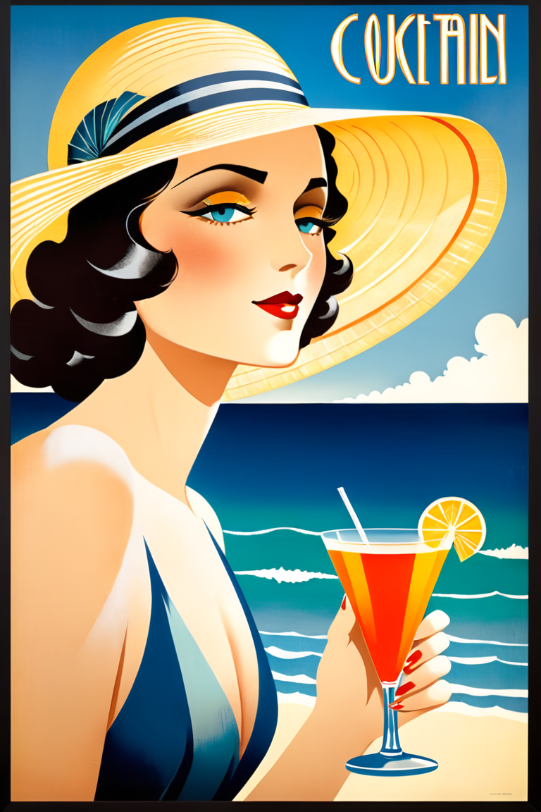 Woman on beach in sunhat drinking cocktail