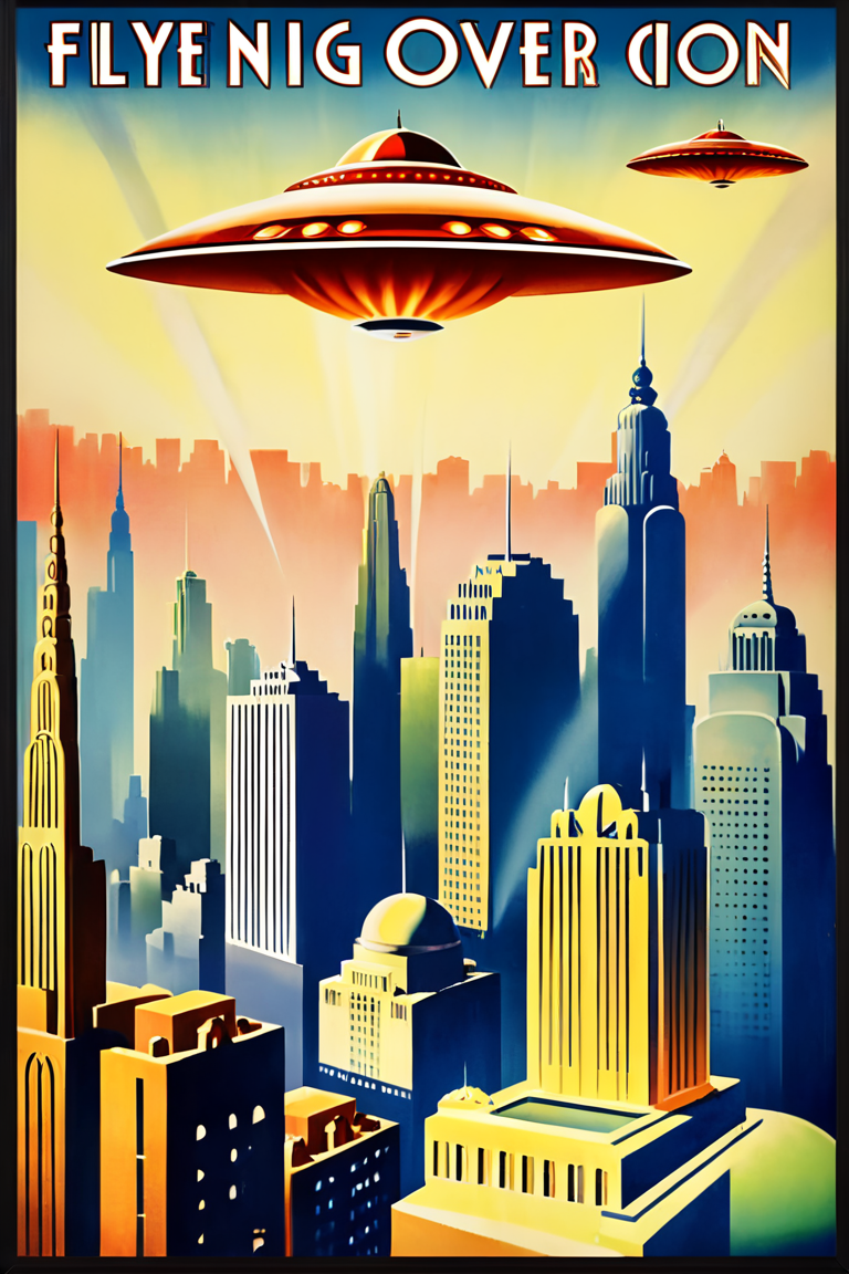 Movie poster flying saucers over city